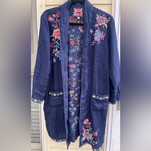 Johhny Was Women Cardigan Tivva Linen Embroidered Floral 3/4 Sleeve Navy Size M